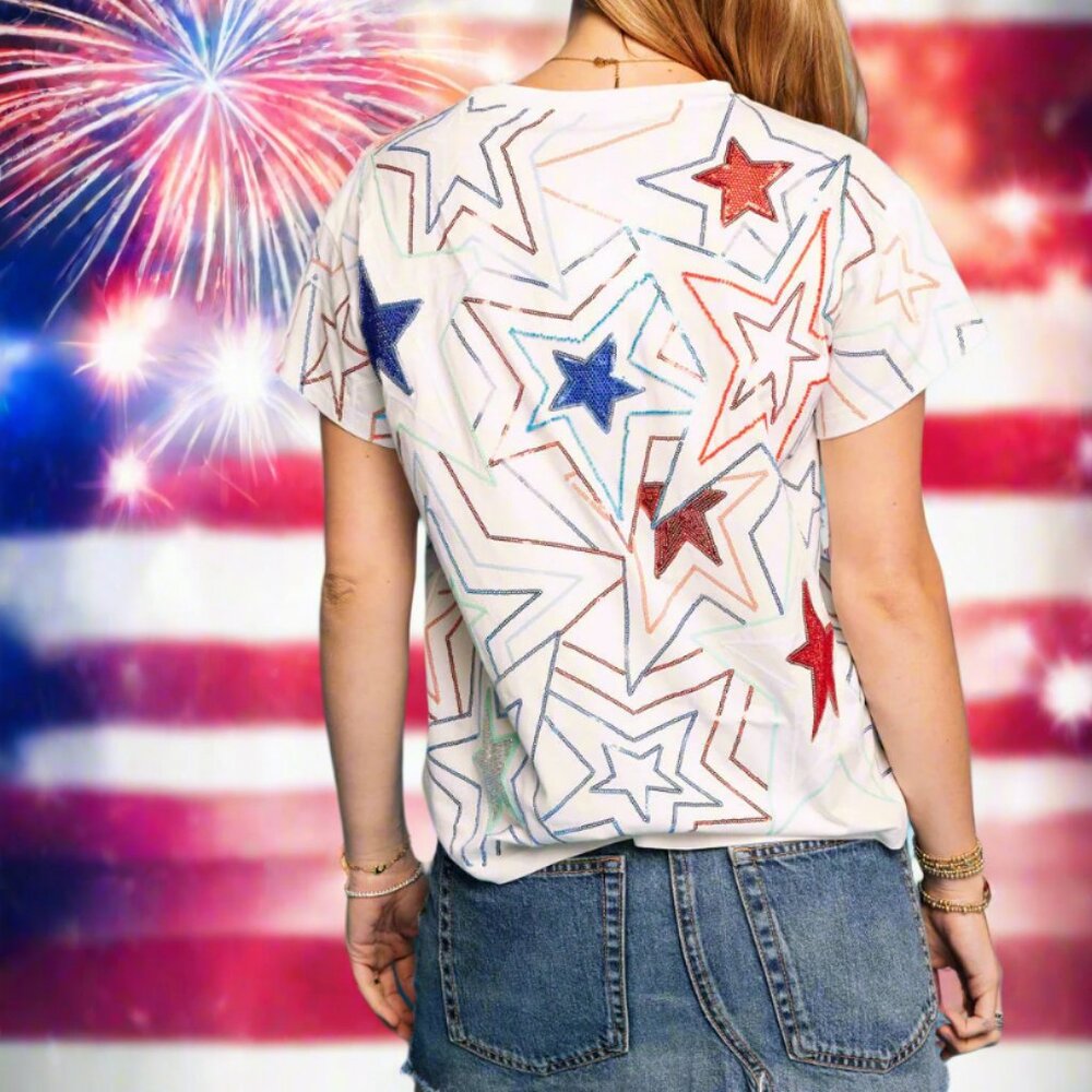 NWT Queen of Sparkles White Groovy Red, Blue & Sequin Star Tee - Picture 3 of 5